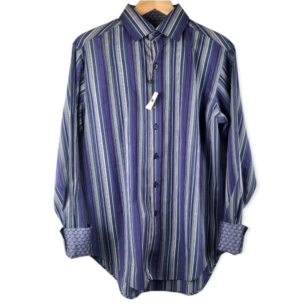Robert Graham Striped Cotton Flip Cuff Button Front Shirt Size Small NEW - Picture 2 of 9